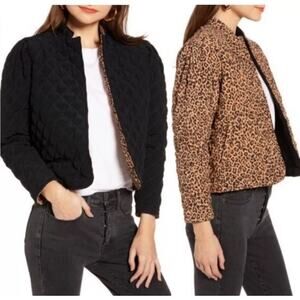 Something Navy‎ Macaroon Leopard Black Combo Reversible Quilted Coat Size Large